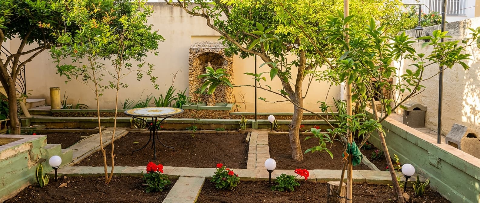 139 Taormina — sunny limestone facade with palm trees and blue sky